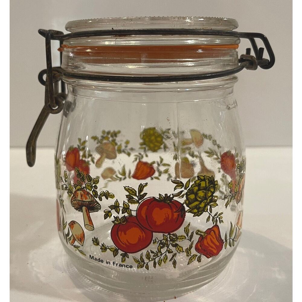 Vtg ARC France Spice Of Life Glass Jar Canister Mushroom Veggie Bail Hinged Lid